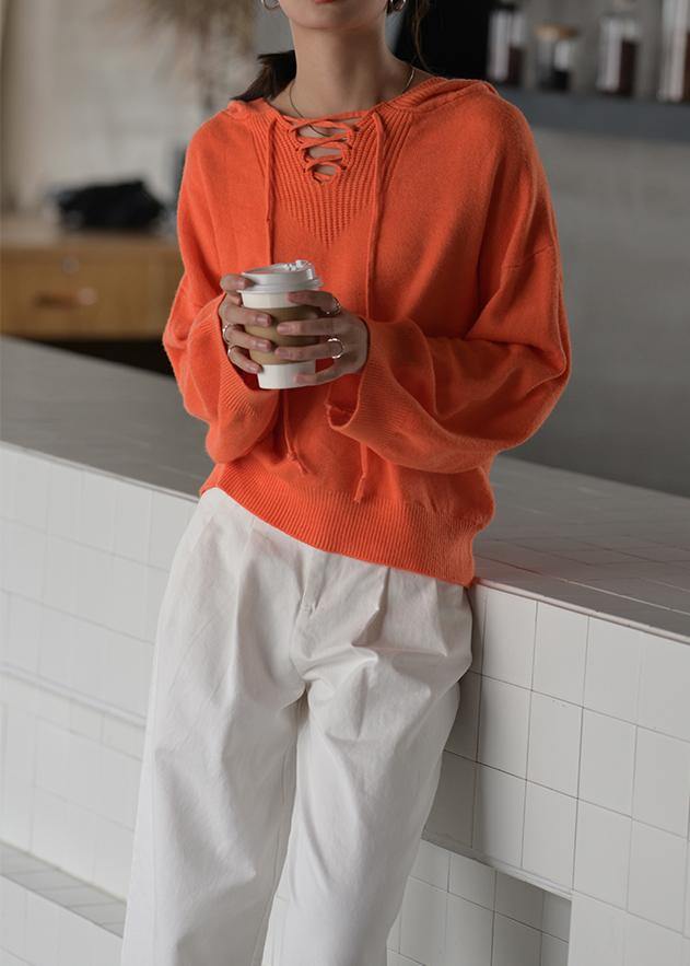 Orange Knitted Blouse Oversized Hooded Drawstring Knitted Tops