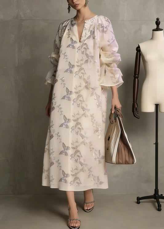 Apricot Butterfly Sequins Cotton Dress Flare Sleeve