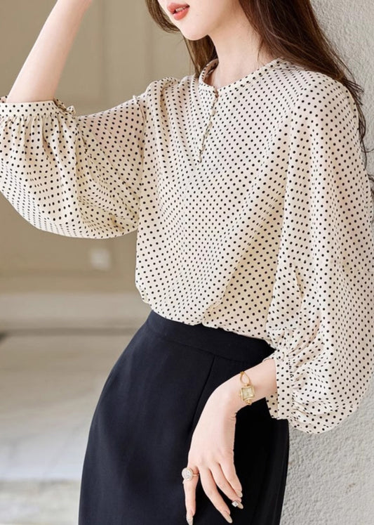 Apricot Dot Print Chiffon Top Long Sleeve
