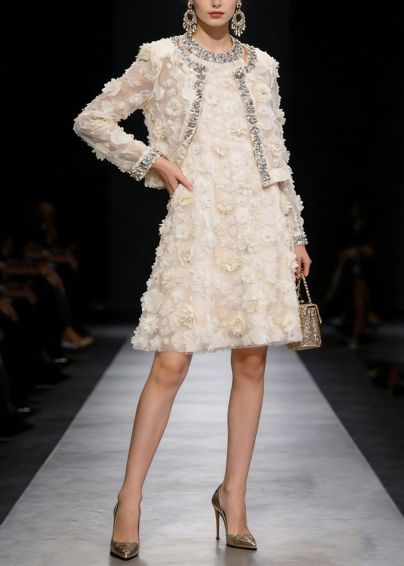 Apricot Coat and Dress Tulle Two Piece Suit Set Spring