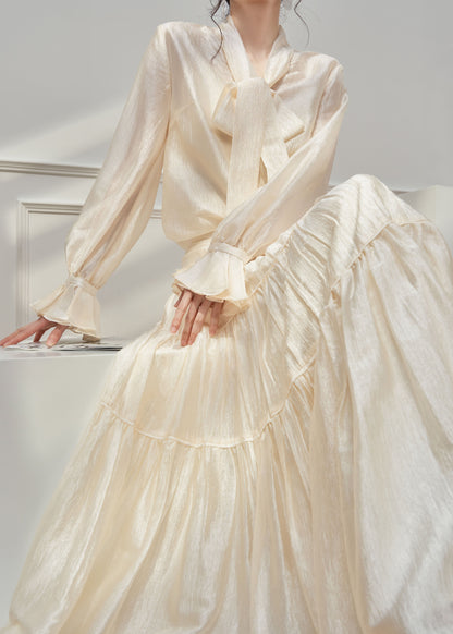 Apricot Petal Sleeve Shirts and Skirts Silk Two Pieces Set Spring