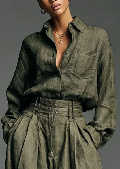 Army Green Shirt and Pants Two-piece Set Spring