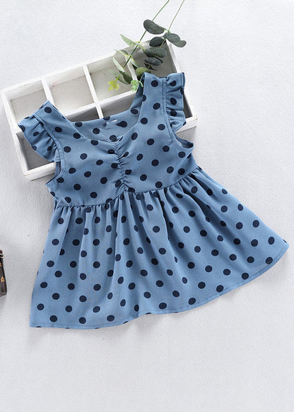Baby Blue O-neck Dot Print Patchwork Vacation Long Dress Sleeveless