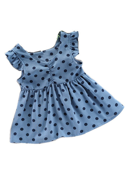 Baby Blue O-neck Dot Print Patchwork Vacation Long Dress Sleeveless