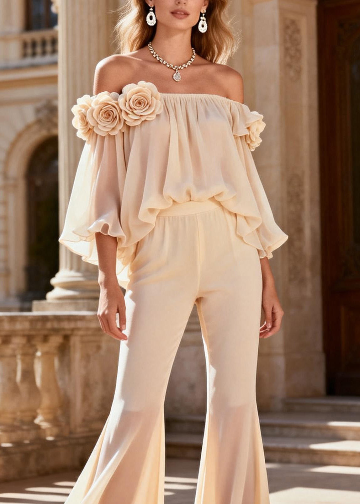 Beige Cold Shoulder Silk Two Pieces Set Summer