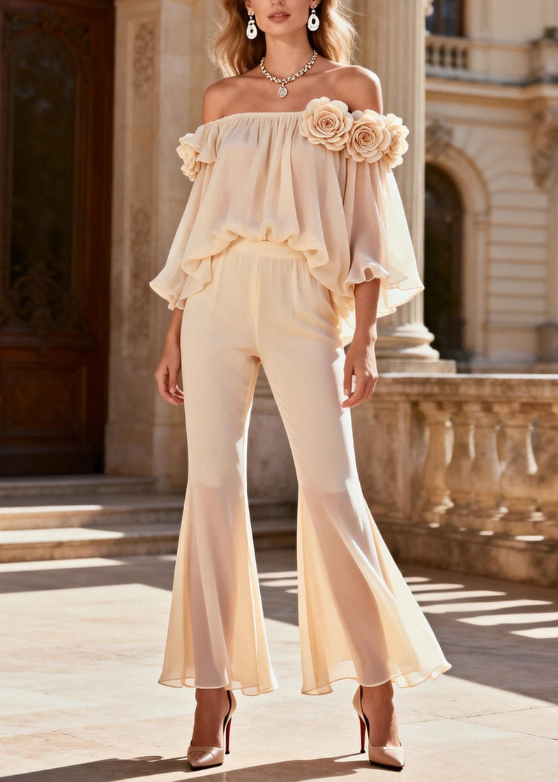 Beige Cold Shoulder Silk Two Pieces Set Summer
