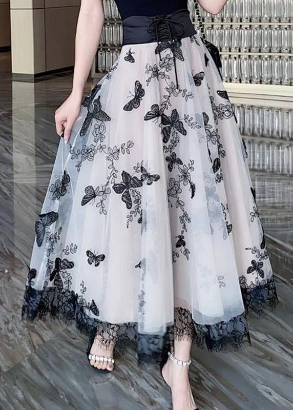 Beige Embroidered Tie Waist Tulle a Line Skirt Summer