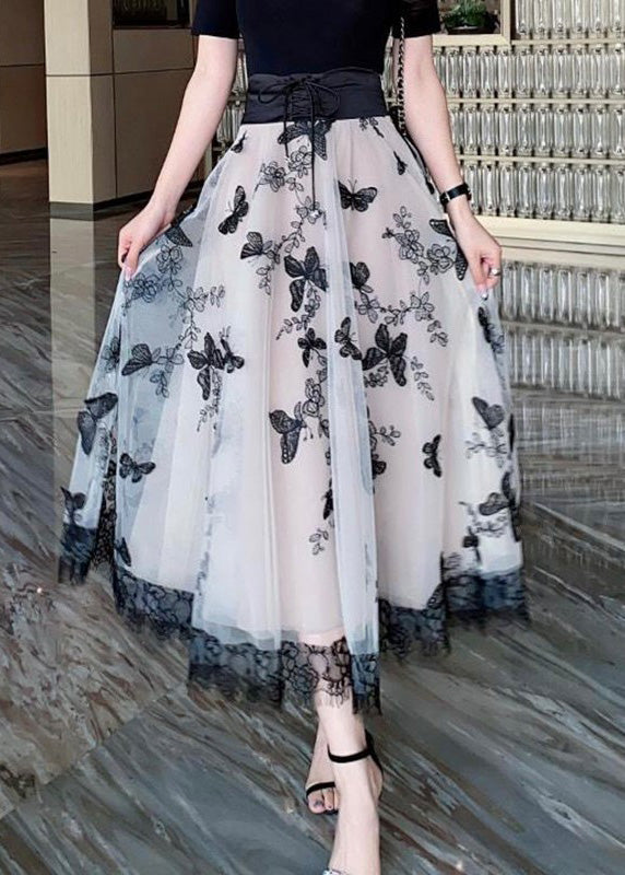 Beige Embroidered Tie Waist Tulle a Line Skirt Summer