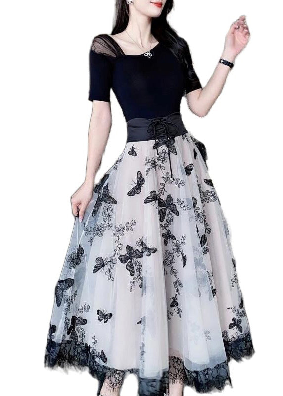 Beige Embroidered Tie Waist Tulle a Line Skirt Summer