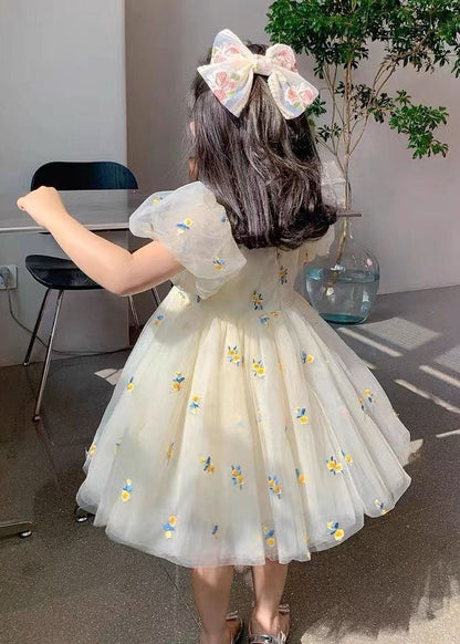 Beige Embroideried Wrinkled Patchwork Tulle Kids Dress Summer