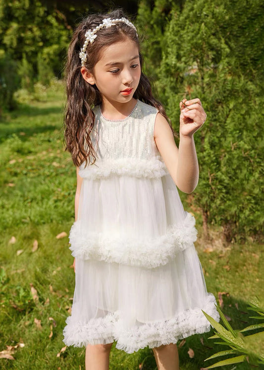 Beige O-neck Patchwork Tulle Kids Mid Dresses Summer