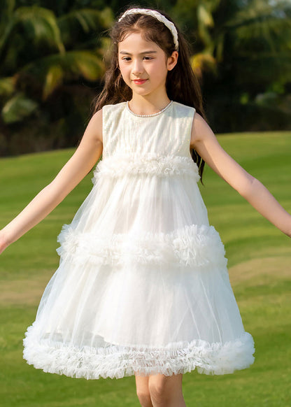 Beige O-neck Patchwork Tulle Kids Mid Dresses Summer
