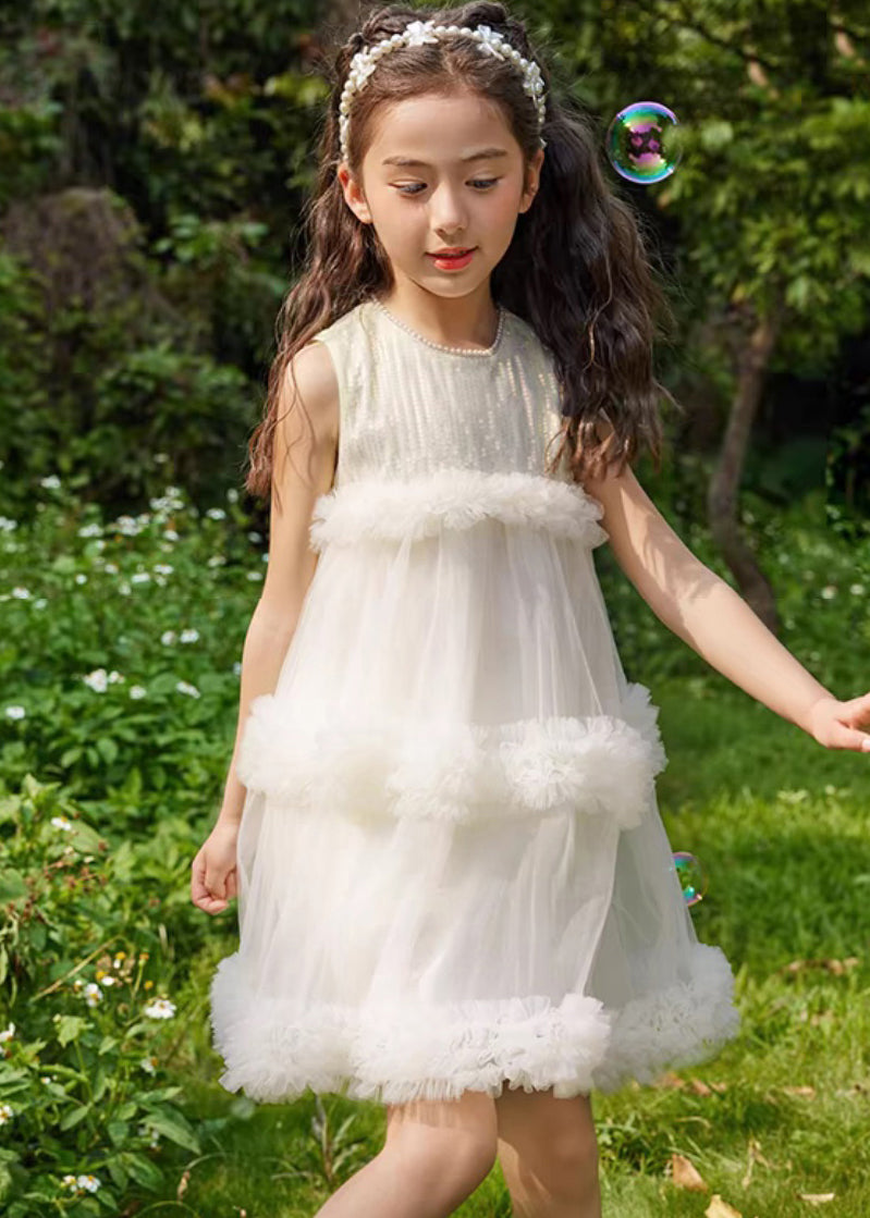 Beige O-neck Patchwork Tulle Kids Mid Dresses Summer