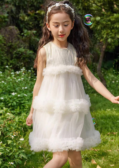 Beige O-neck Patchwork Tulle Kids Mid Dresses Summer