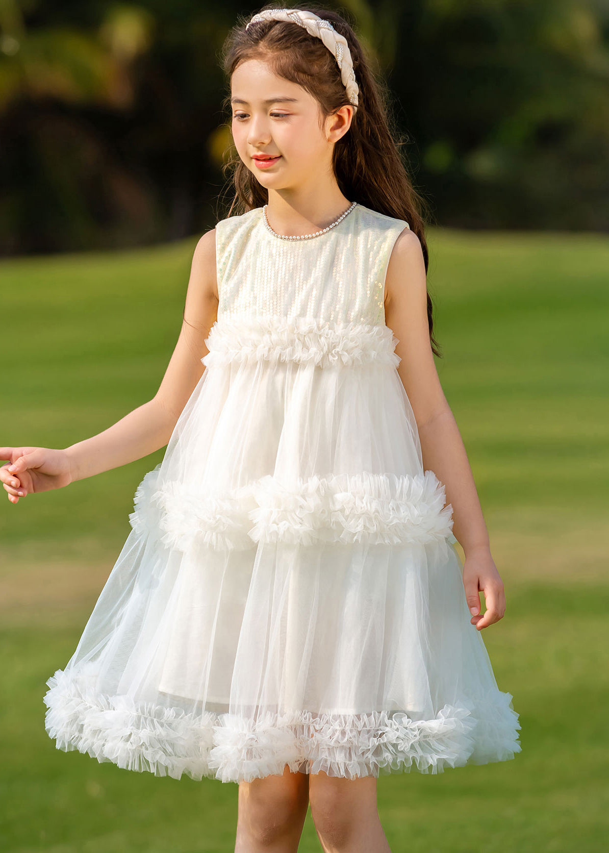 Beige O-neck Patchwork Tulle Kids Mid Dresses Summer