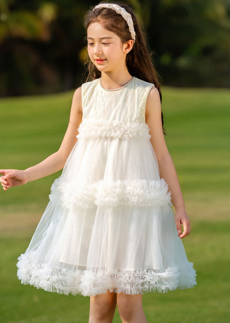 Beige O-neck Patchwork Tulle Kids Mid Dresses Summer