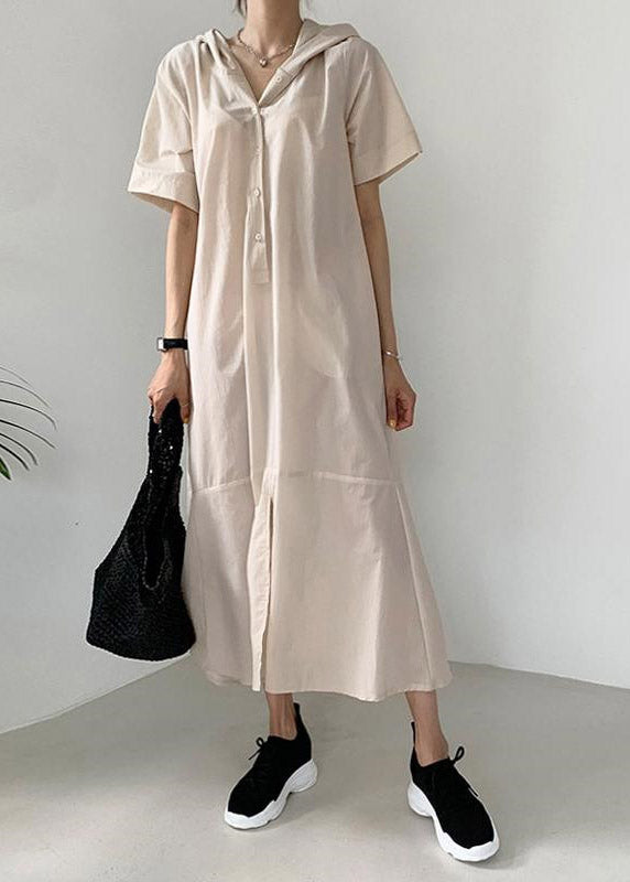 Beige Patchwork Button Hoded Long Shirt Dress Short Sleeve
