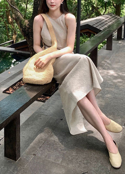 Beige Side Open Linen Ankle Dress Summer