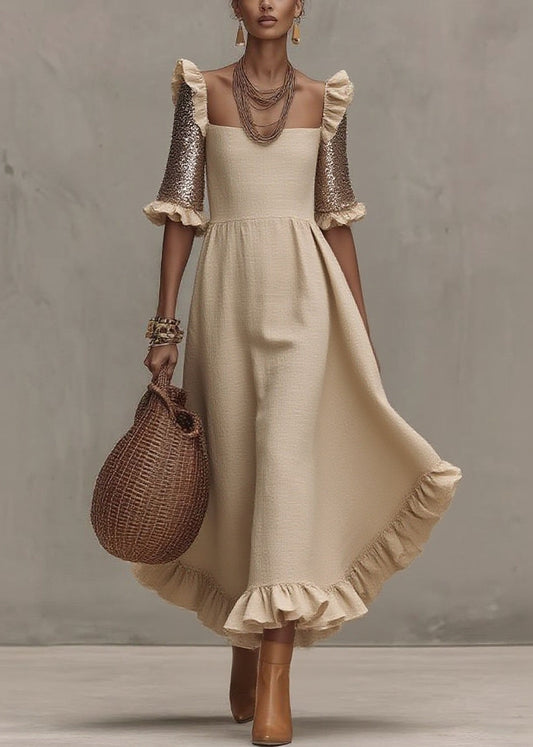 Beige Square Collar Ruffled Wrinkled Long Dress Summer
