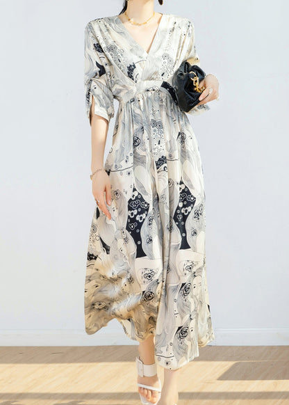 Beige V Neck Print Tie Waist Chiffon Maxi Dress Short Sleeve