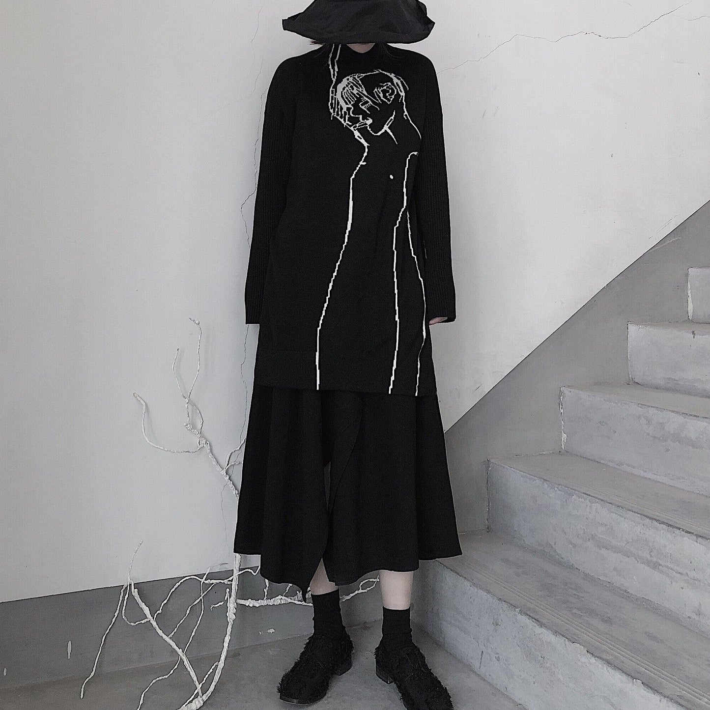 Black Abstract Portrait Knit Blouse High Neck Clothing Knitwear
