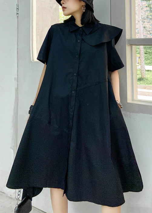 Black Button Peter Pan Collar Asymmetrical Design Party Dress Short Sleeve