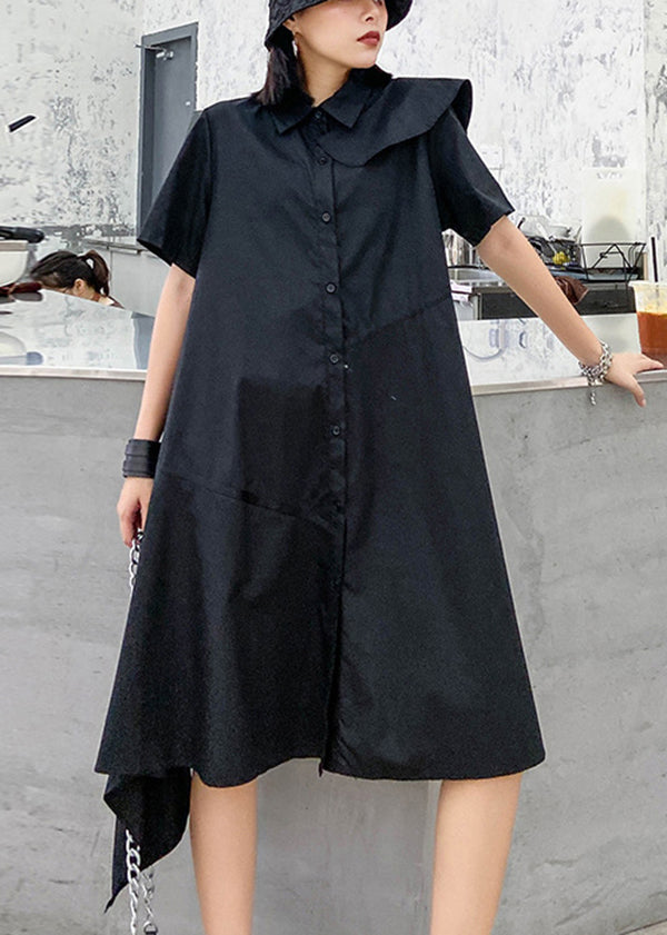 Black Button Peter Pan Collar Asymmetrical Design Party Dress Short Sleeve