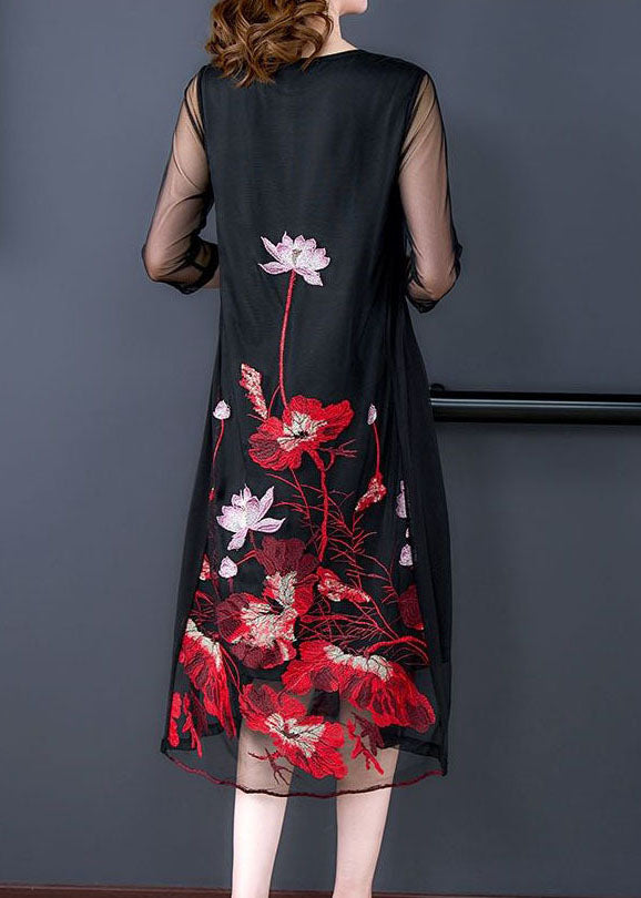 Black Embroideried Hollow Out Tulle Robe Dresses Bracelet Sleeve