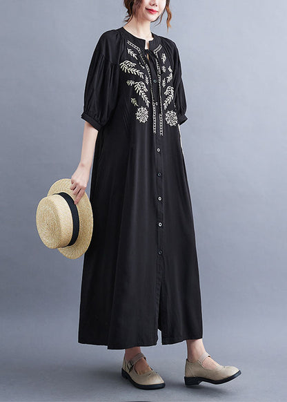 Black Embroideried Lace Up Cotton Maxi Dress Summer