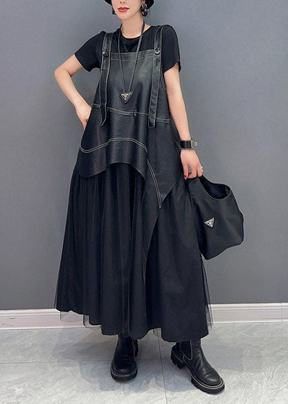 Black Faux Leather Asymmetrical Patchwork Tulle Dresses Summer