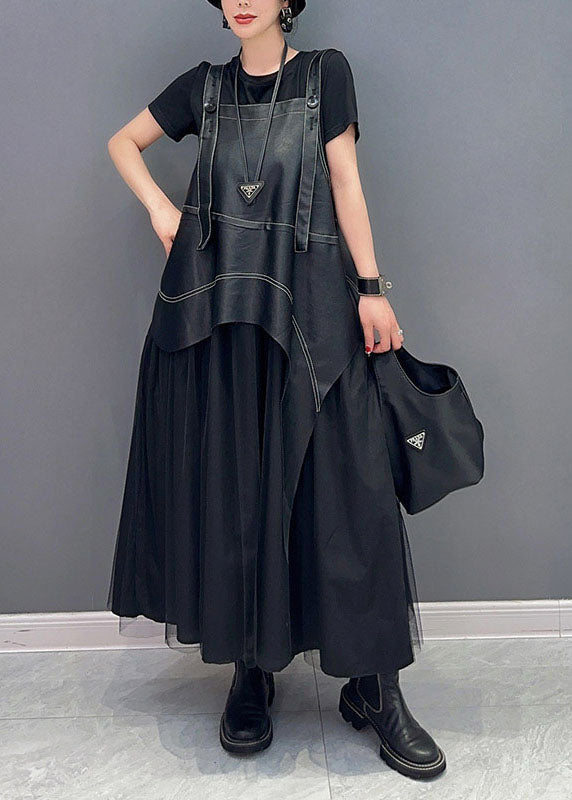 Black Faux Leather Asymmetrical Patchwork Tulle Dresses Summer