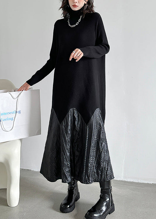 Black High Neck Patchwork Knit Long Dresses Spring