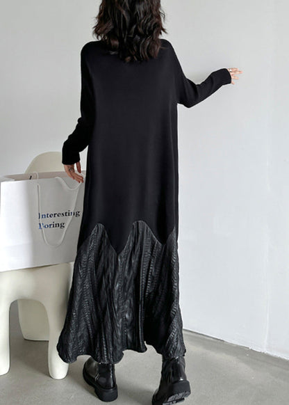 Black High Neck Patchwork Knit Long Dresses Spring