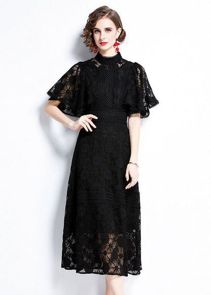 Black Hollow Out Patchwork Lace Dress Butterfly Sleeve