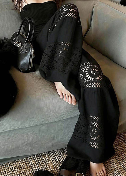 Black Hollow Out Wide Leg Pants Summer