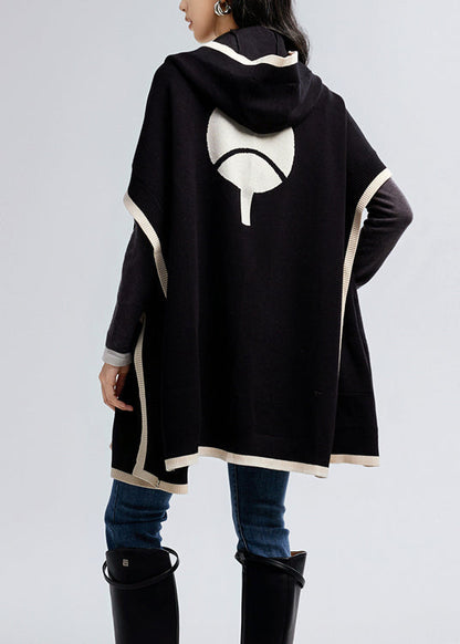 Black Hooded Pockets Knit Loose Cardigan Fall