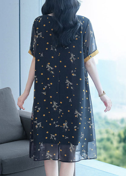 Black Lace Up Wrinkled Patchwork Print Chiffon Party Dress Short Sleeve