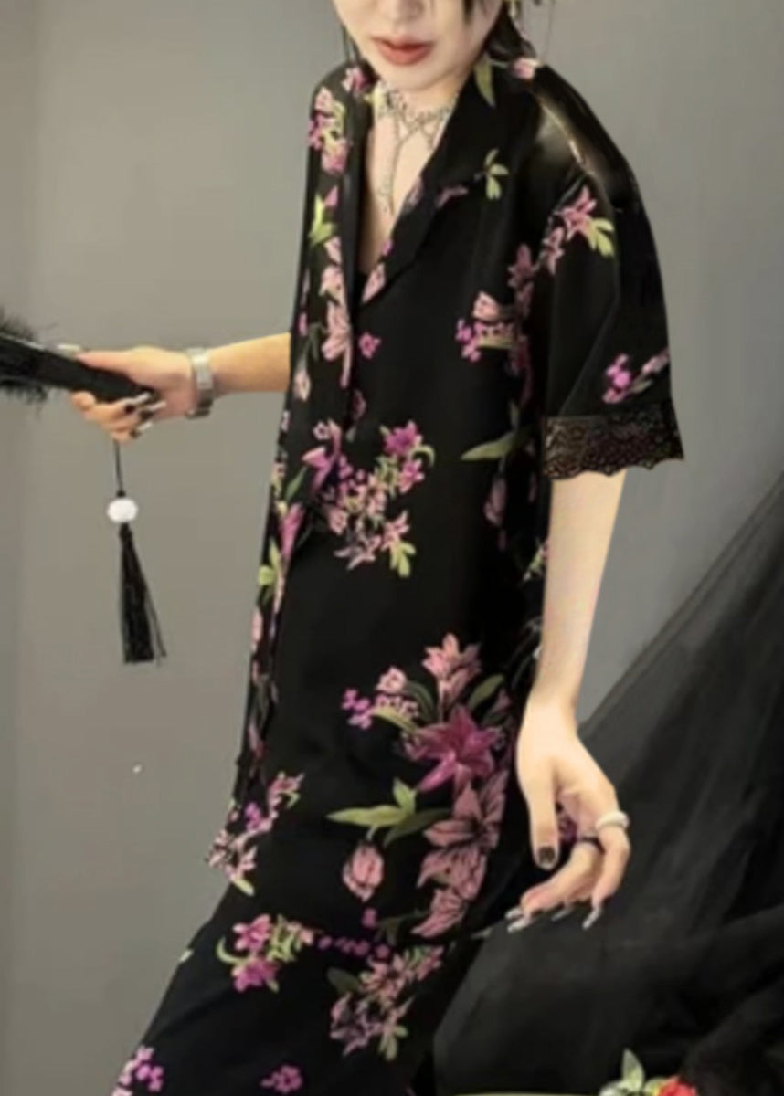 Black Notched Print Button Ice Silk Two Pieces Set Summer