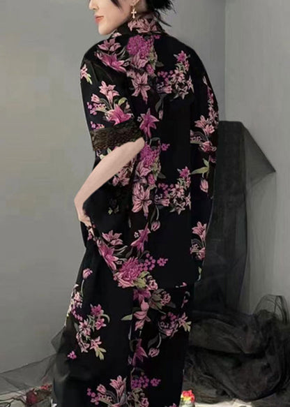 Black Notched Print Button Ice Silk Two Pieces Set Summer