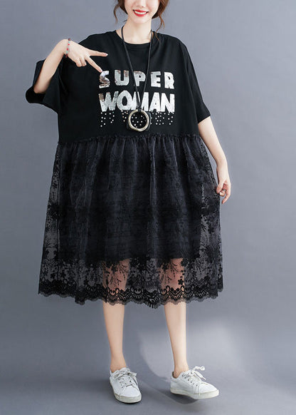Black O-neck Lace Patchwork Cotton Holiday Dress Half Sleeve