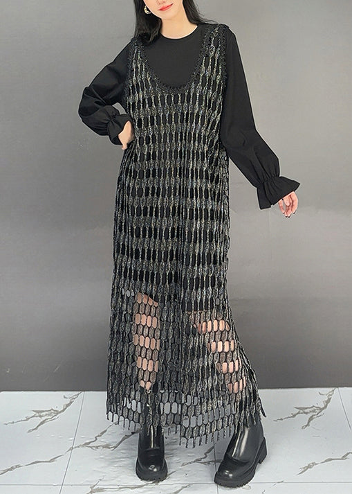 Black O Neck Patchwork Cotton Sets 2 Pieces Dresses Fall