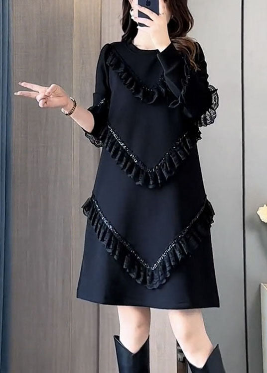 Black O-neck Ruffled Patchwork Mid Dress Fall
