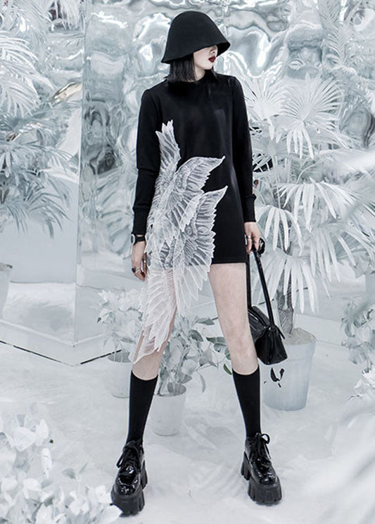 Black O-neck Wing Embroideried Tulle Patchwork Cotton Mini Dress Long Sleeve