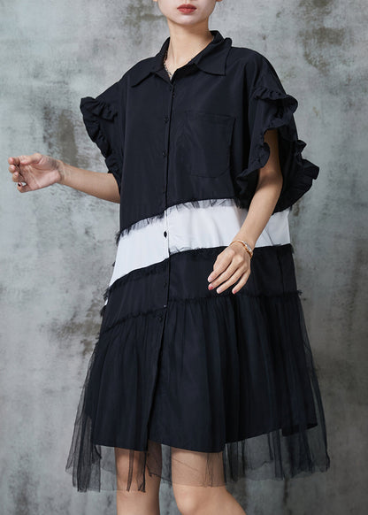 Black Oversized Patchwork Cotton Dress Petal Sleeve