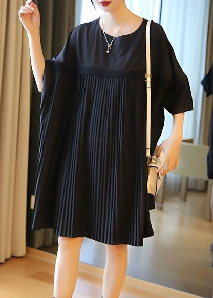 Black Oversized Patchwork Pleated Mid Dress Half Sleeve
