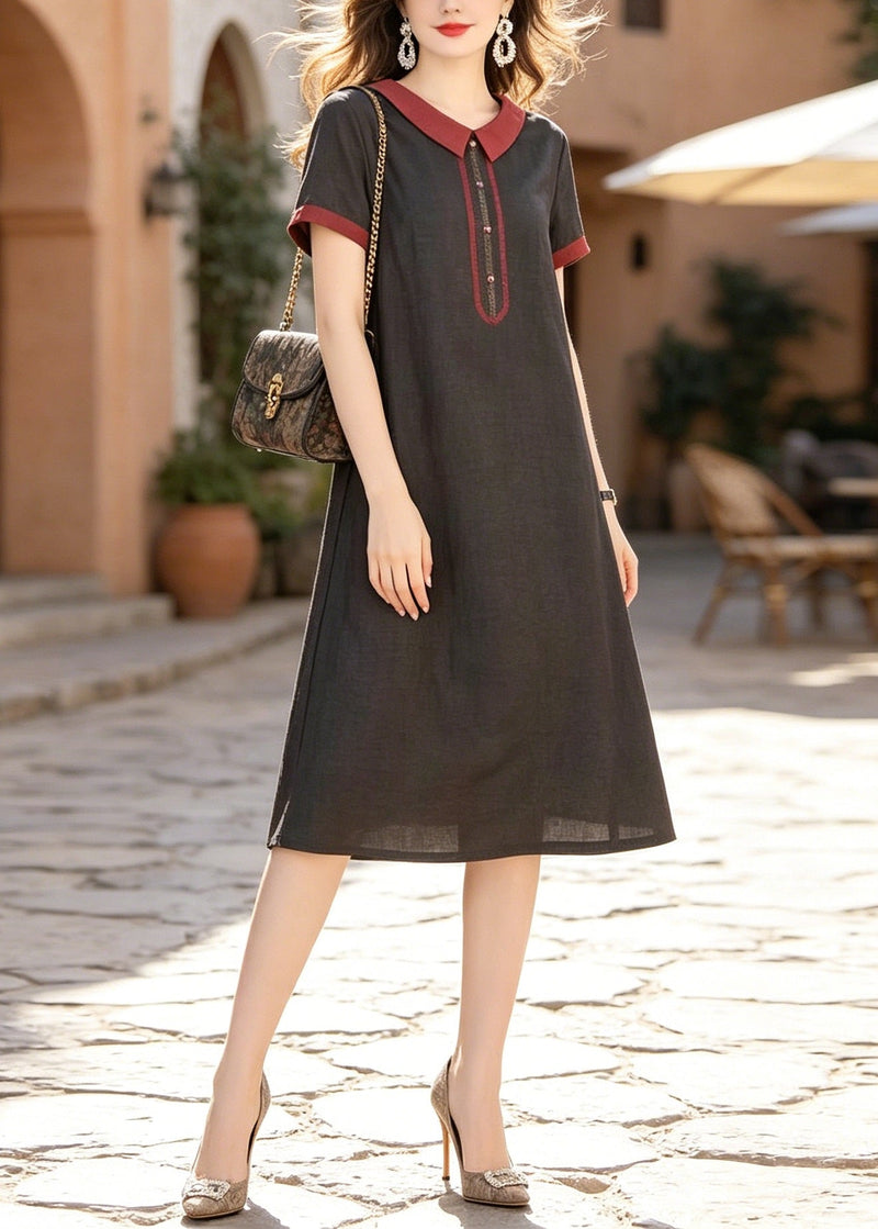 Black Peter Pan Collar Pockets Silk Dress Summer