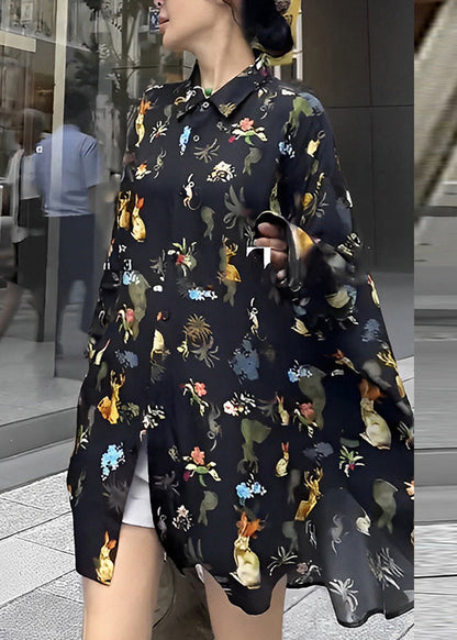 Black Peter Pan Collar Print Button Chiffon Shirt Long Sleeve
