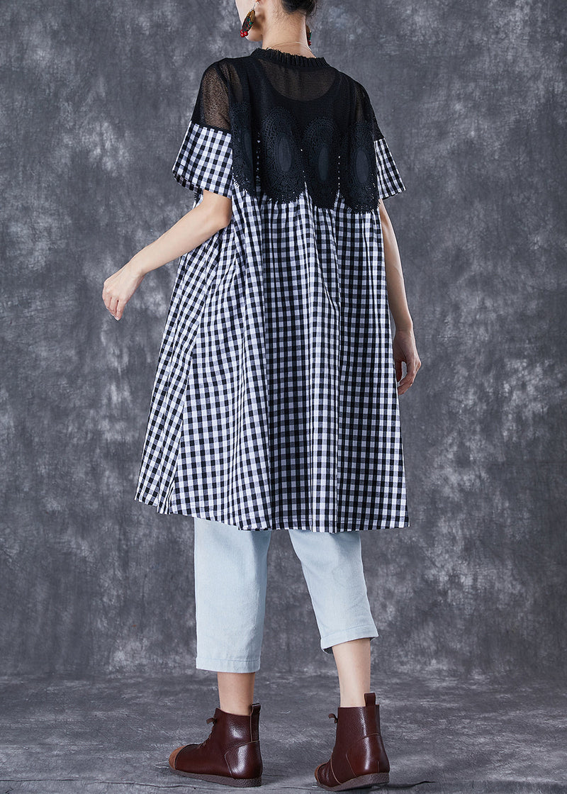 Black Plaid Patchwork Hollow Out Linen Dress Summer