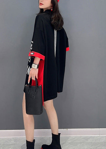 Black Print Patchwork Button Vacation Mid Dress Summer