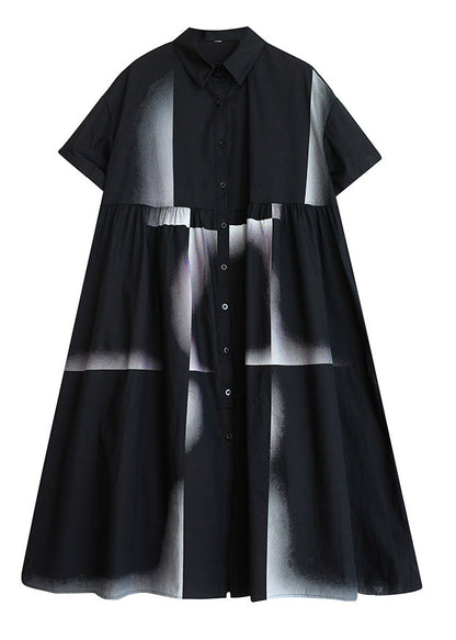 Black Print Patchwork Drawstring Button Maxi Dress Summer